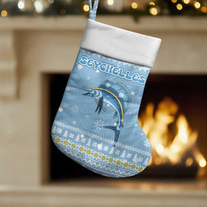 Seychelles Christmas Stocking Ocean Blue Marlin Fish Artwork and Surfing Santa Motif - African Pride