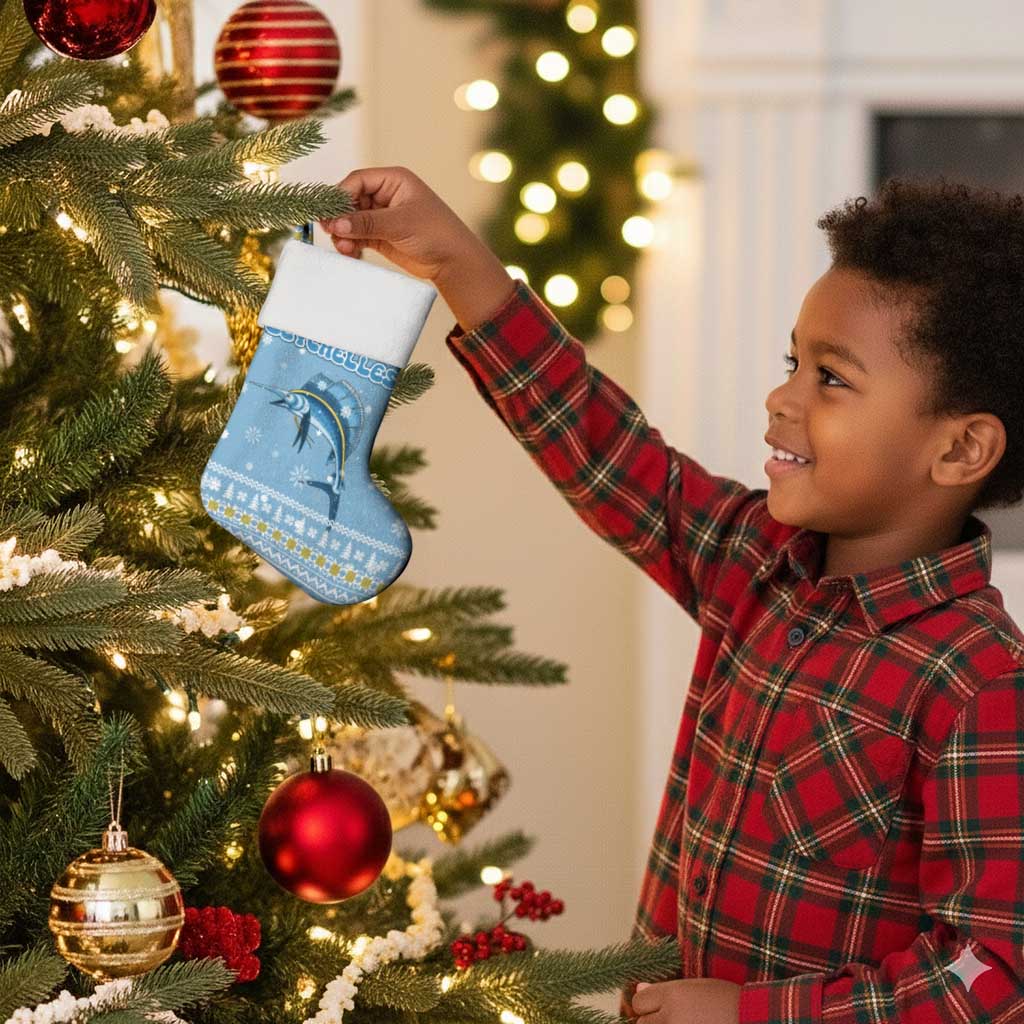 Seychelles Christmas Stocking Ocean Blue Marlin Fish Artwork and Surfing Santa Motif - African Pride