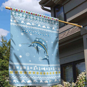 Seychelles Christmas Garden Flag Ocean Blue Marlin Fish Artwork and Surfing Santa Motif - African Pride