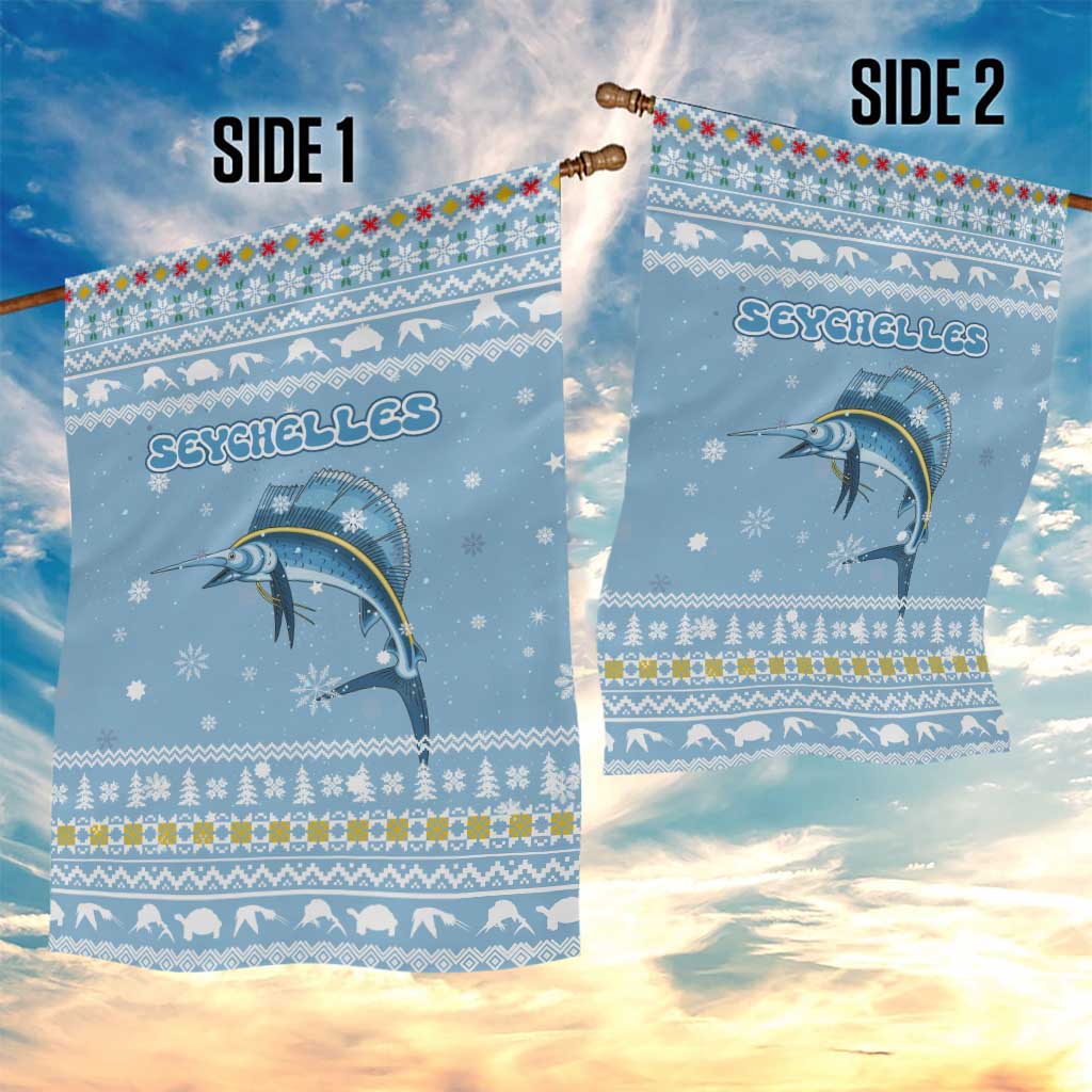 Seychelles Christmas Garden Flag Ocean Blue Marlin Fish Artwork and Surfing Santa Motif - African Pride