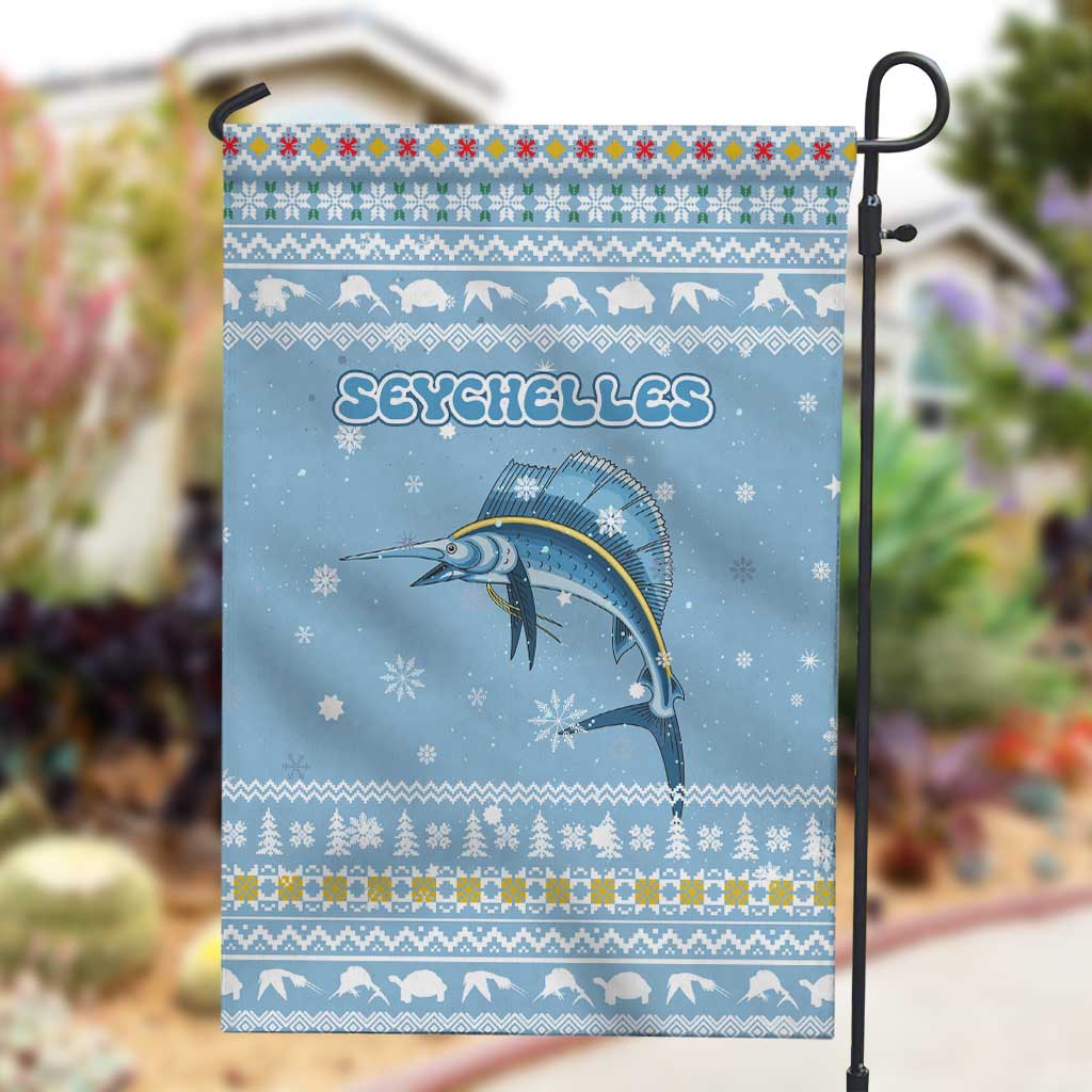 Seychelles Christmas Garden Flag Ocean Blue Marlin Fish Artwork and Surfing Santa Motif - African Pride