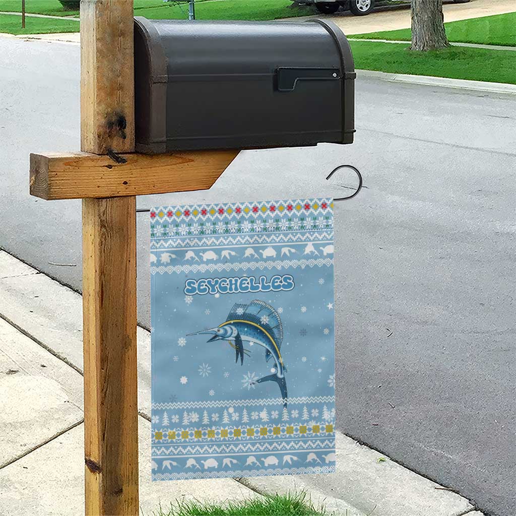 Seychelles Christmas Garden Flag Ocean Blue Marlin Fish Artwork and Surfing Santa Motif - African Pride