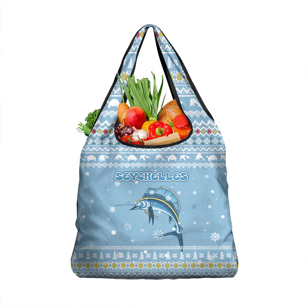Seychelles Christmas Grocery Bag Ocean Blue Marlin Fish Artwork and Surfing Santa Motif - African Pride