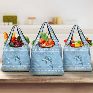 Seychelles Christmas Grocery Bag Ocean Blue Marlin Fish Artwork and Surfing Santa Motif - African Pride