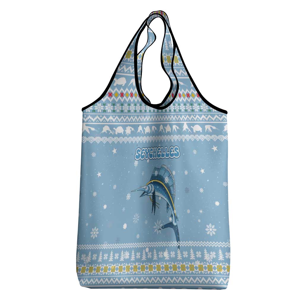 Seychelles Christmas Grocery Bag Ocean Blue Marlin Fish Artwork and Surfing Santa Motif - African Pride