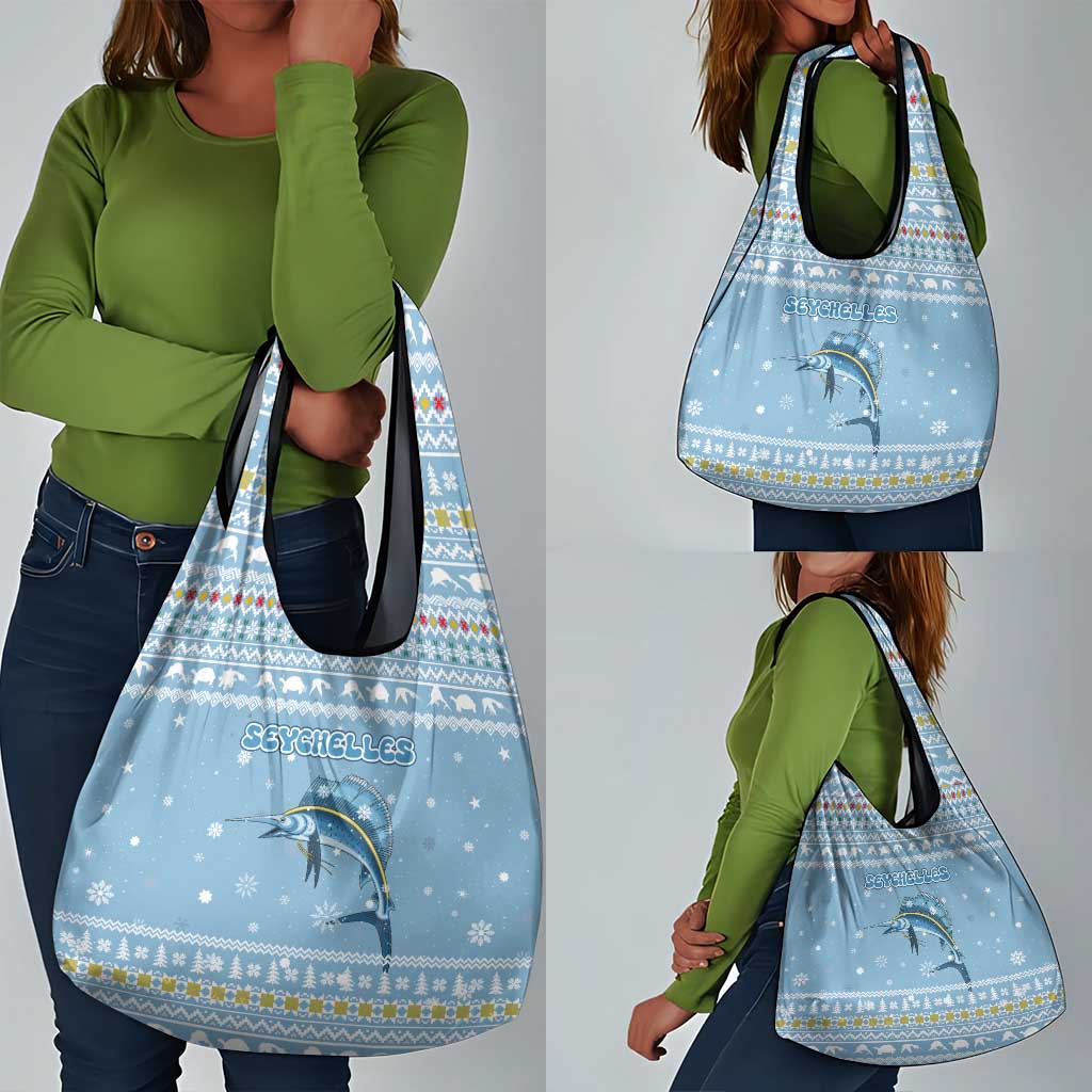 Seychelles Christmas Grocery Bag Ocean Blue Marlin Fish Artwork and Surfing Santa Motif - African Pride