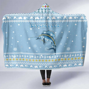 Seychelles Christmas Hooded Blanket Ocean Blue Marlin Fish Artwork and Surfing Santa Motif - African Pride