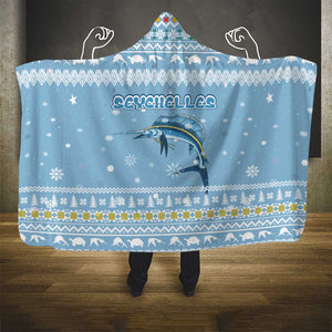 Seychelles Christmas Hooded Blanket Ocean Blue Marlin Fish Artwork and Surfing Santa Motif - African Pride