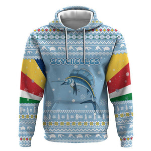 Seychelles Christmas Hoodie Ocean Blue Marlin Fish Artwork and Surfing Santa Motif - African Pride