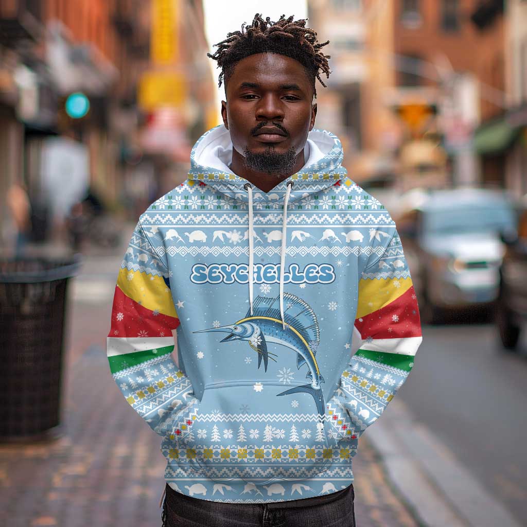 Seychelles Christmas Hoodie Ocean Blue Marlin Fish Artwork and Surfing Santa Motif - African Pride