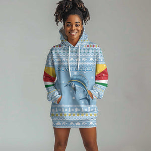 Seychelles Christmas Hoodie Dress Ocean Blue Marlin Fish Artwork and Surfing Santa Motif - African Pride
