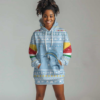 Seychelles Christmas Hoodie Dress Ocean Blue Marlin Fish Artwork and Surfing Santa Motif - African Pride
