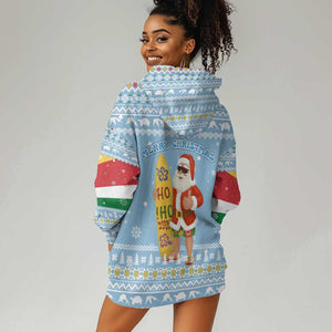 Seychelles Christmas Hoodie Dress Ocean Blue Marlin Fish Artwork and Surfing Santa Motif - African Pride