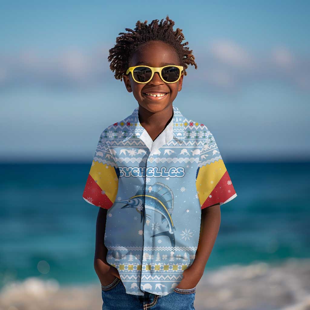 Seychelles Christmas Kid Hawaiian Shirt Ocean Blue Marlin Fish Artwork and Surfing Santa Motif - African Pride