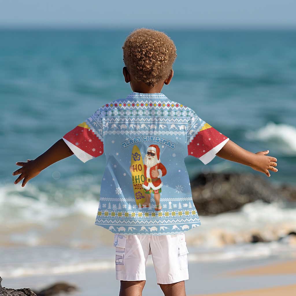 Seychelles Christmas Kid Hawaiian Shirt Ocean Blue Marlin Fish Artwork and Surfing Santa Motif - African Pride