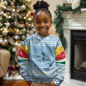 Seychelles Christmas Kid Ugly Christmas Sweater Ocean Blue Marlin Fish Artwork and Surfing Santa Motif - African Pride