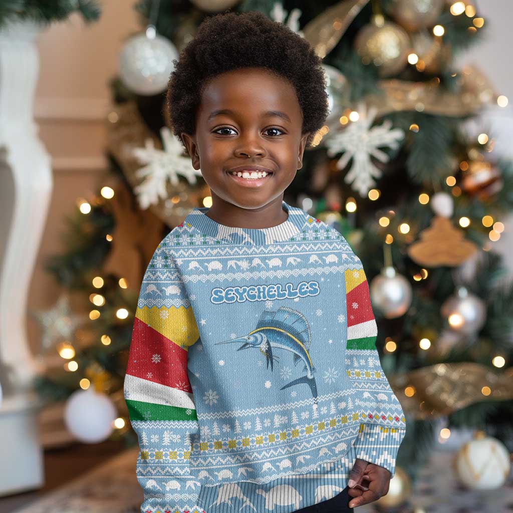 Seychelles Christmas Kid Ugly Christmas Sweater Ocean Blue Marlin Fish Artwork and Surfing Santa Motif - African Pride