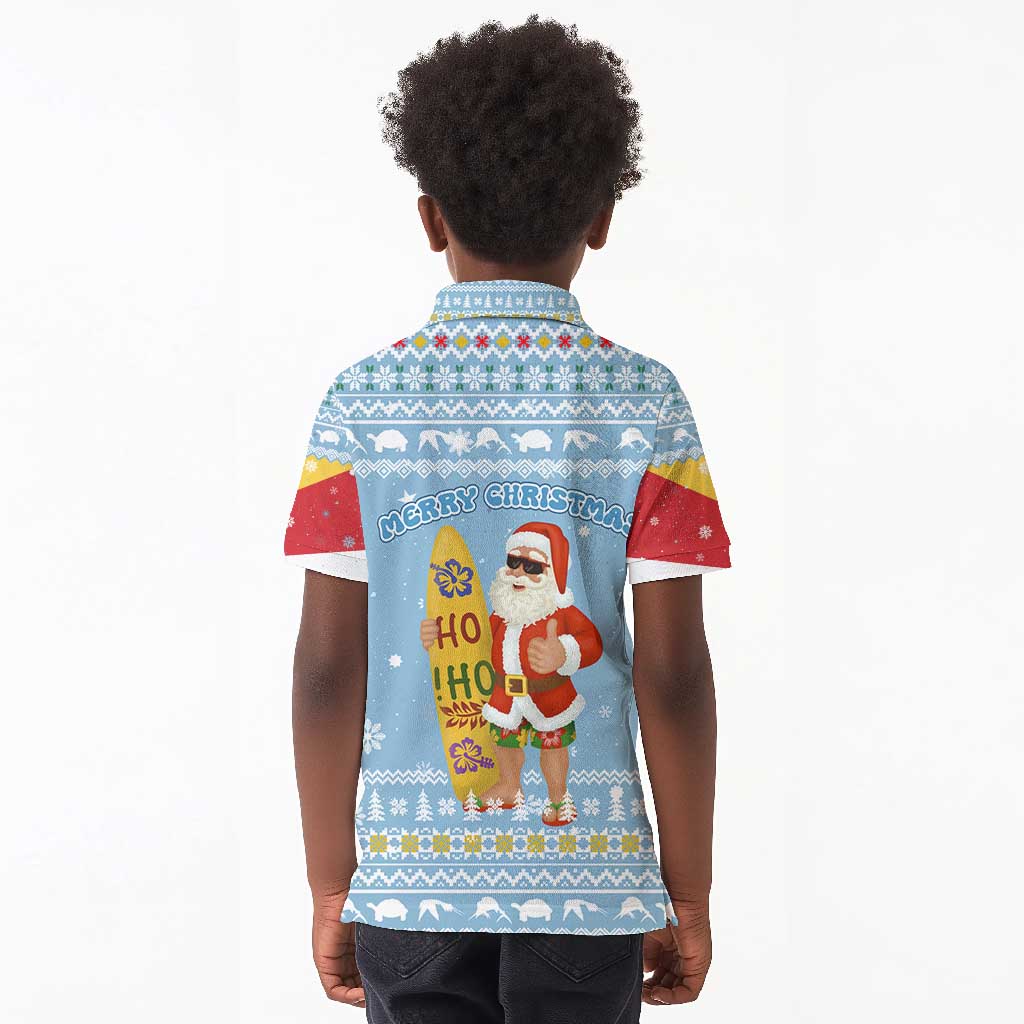 Seychelles Christmas Kid Polo Shirt Ocean Blue Marlin Fish Artwork and Surfing Santa Motif - African Pride