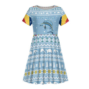 Seychelles Christmas Kid Short Sleeve Dress Ocean Blue Marlin Fish Artwork and Surfing Santa Motif - African Pride
