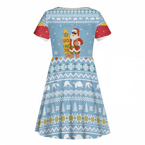 Seychelles Christmas Kid Short Sleeve Dress Ocean Blue Marlin Fish Artwork and Surfing Santa Motif - African Pride