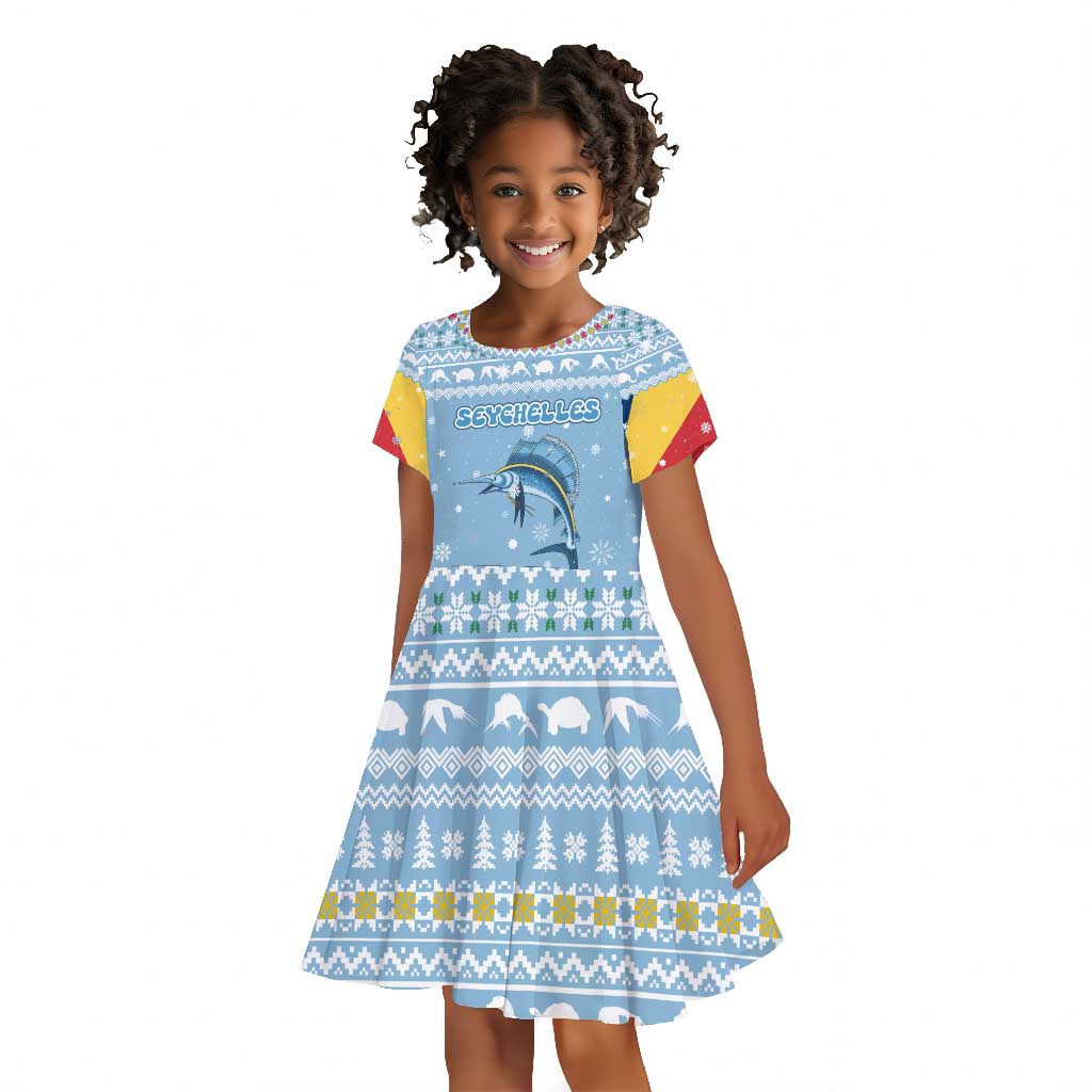 Seychelles Christmas Kid Short Sleeve Dress Ocean Blue Marlin Fish Artwork and Surfing Santa Motif - African Pride