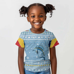 Seychelles Christmas Kid T shirt Ocean Blue Marlin Fish Artwork and Surfing Santa Motif - African Pride