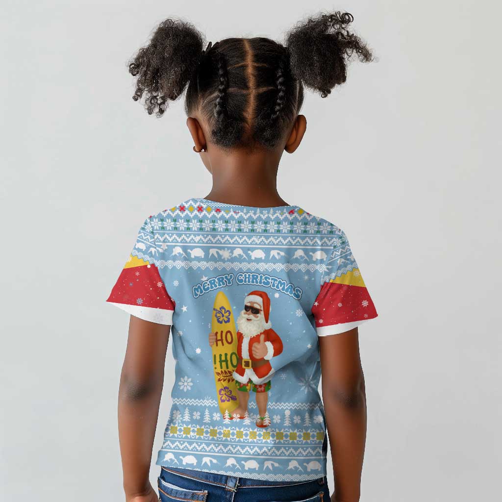 Seychelles Christmas Kid T shirt Ocean Blue Marlin Fish Artwork and Surfing Santa Motif - African Pride