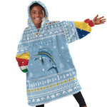 Seychelles Christmas Kid Wearable Blanket Hoodie Ocean Blue Marlin Fish Artwork and Surfing Santa Motif - African Pride