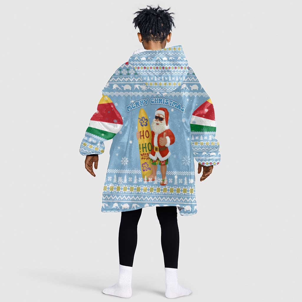 Seychelles Christmas Kid Wearable Blanket Hoodie Ocean Blue Marlin Fish Artwork and Surfing Santa Motif - African Pride