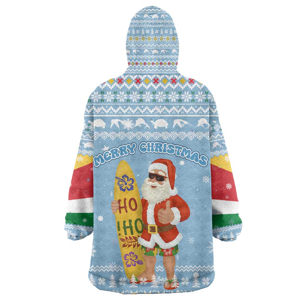 Seychelles Christmas Kid Wearable Blanket Hoodie Ocean Blue Marlin Fish Artwork and Surfing Santa Motif - African Pride