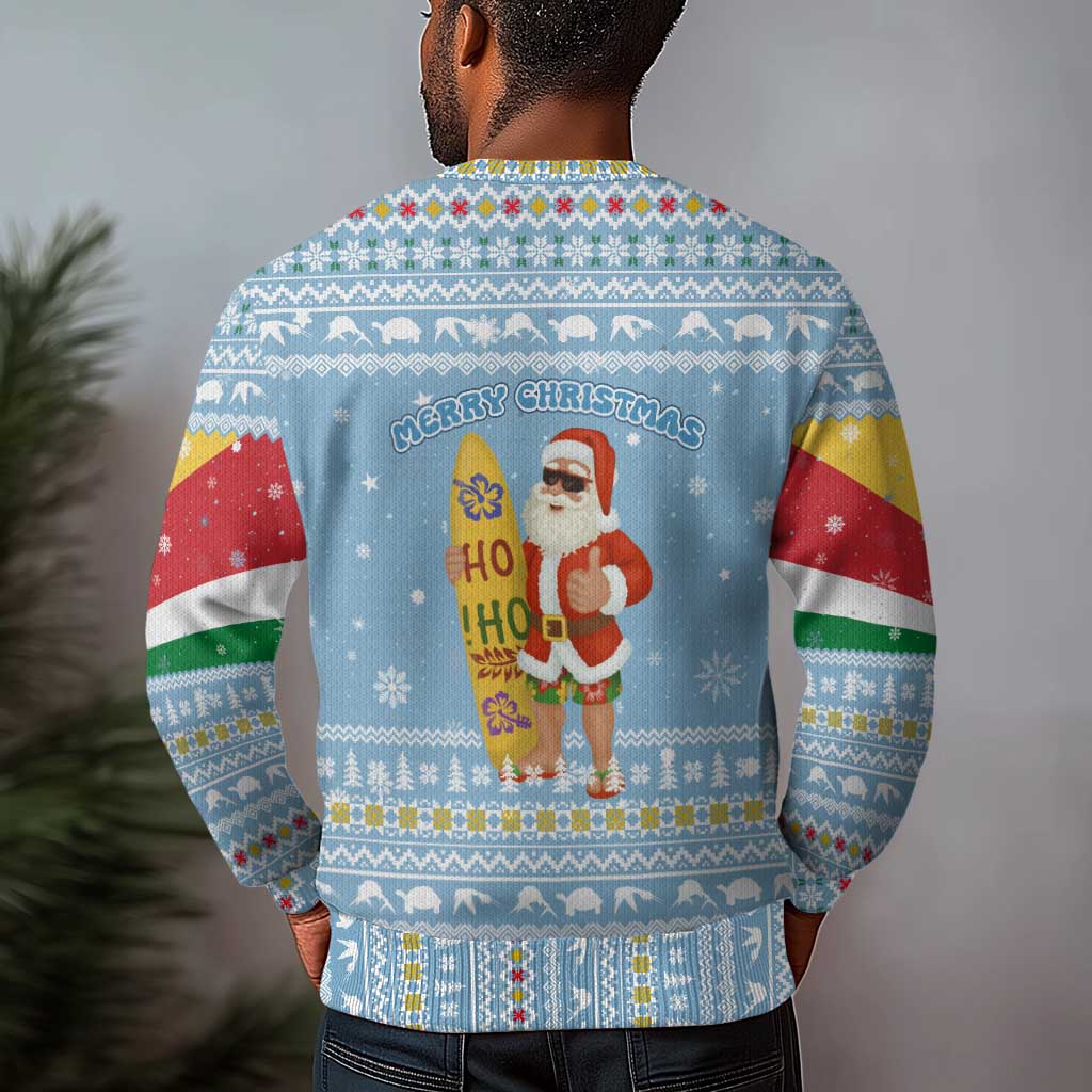 Seychelles Christmas Ugly Christmas Sweater Ocean Blue Marlin Fish Artwork and Surfing Santa Motif - African Pride