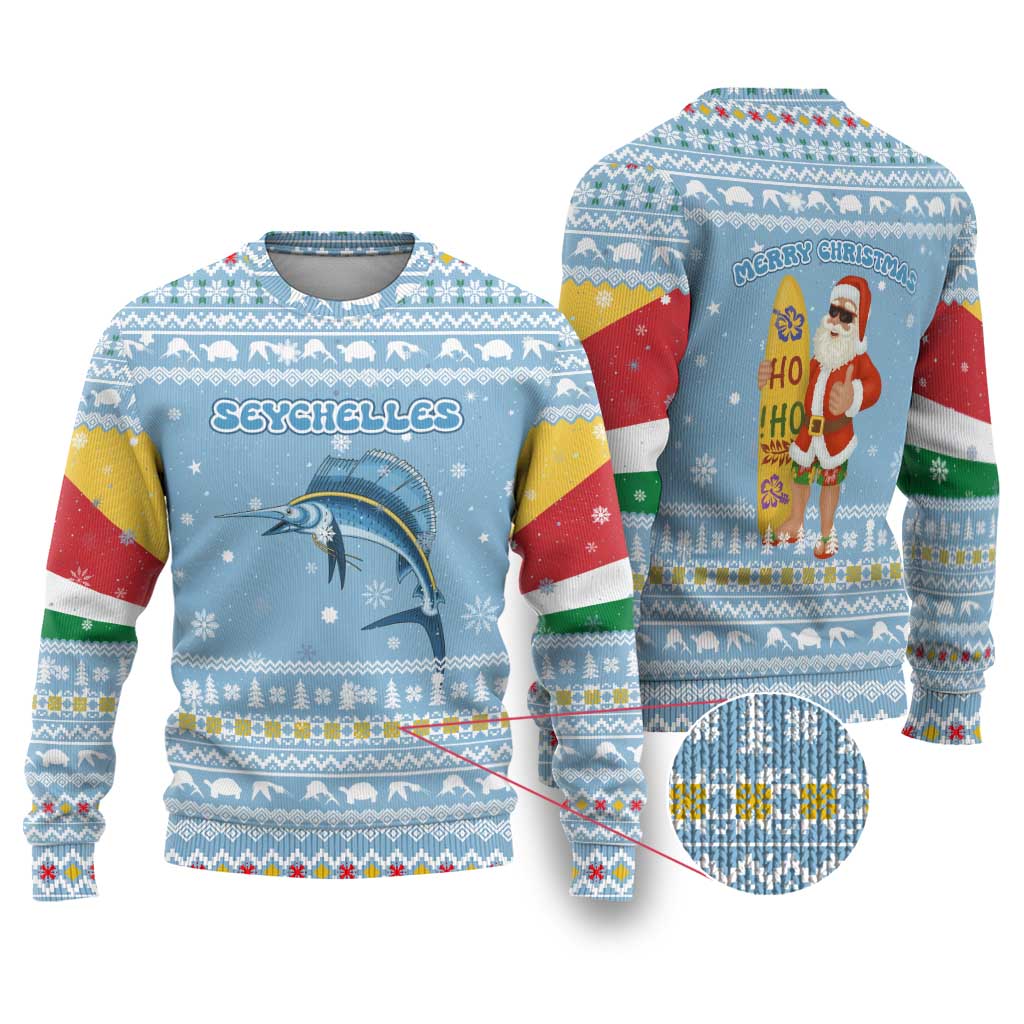 Seychelles Christmas Ugly Christmas Sweater Ocean Blue Marlin Fish Artwork and Surfing Santa Motif - African Pride