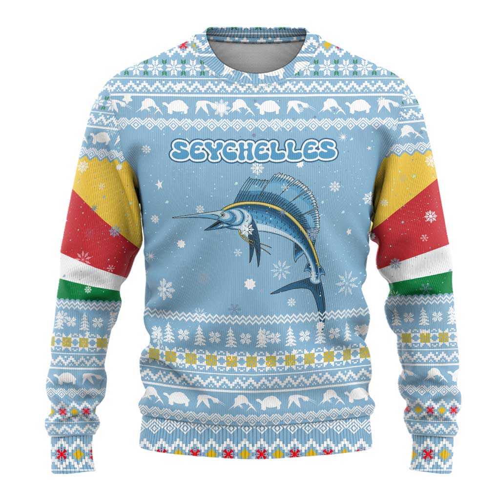 Seychelles Christmas Ugly Christmas Sweater Ocean Blue Marlin Fish Artwork and Surfing Santa Motif - African Pride