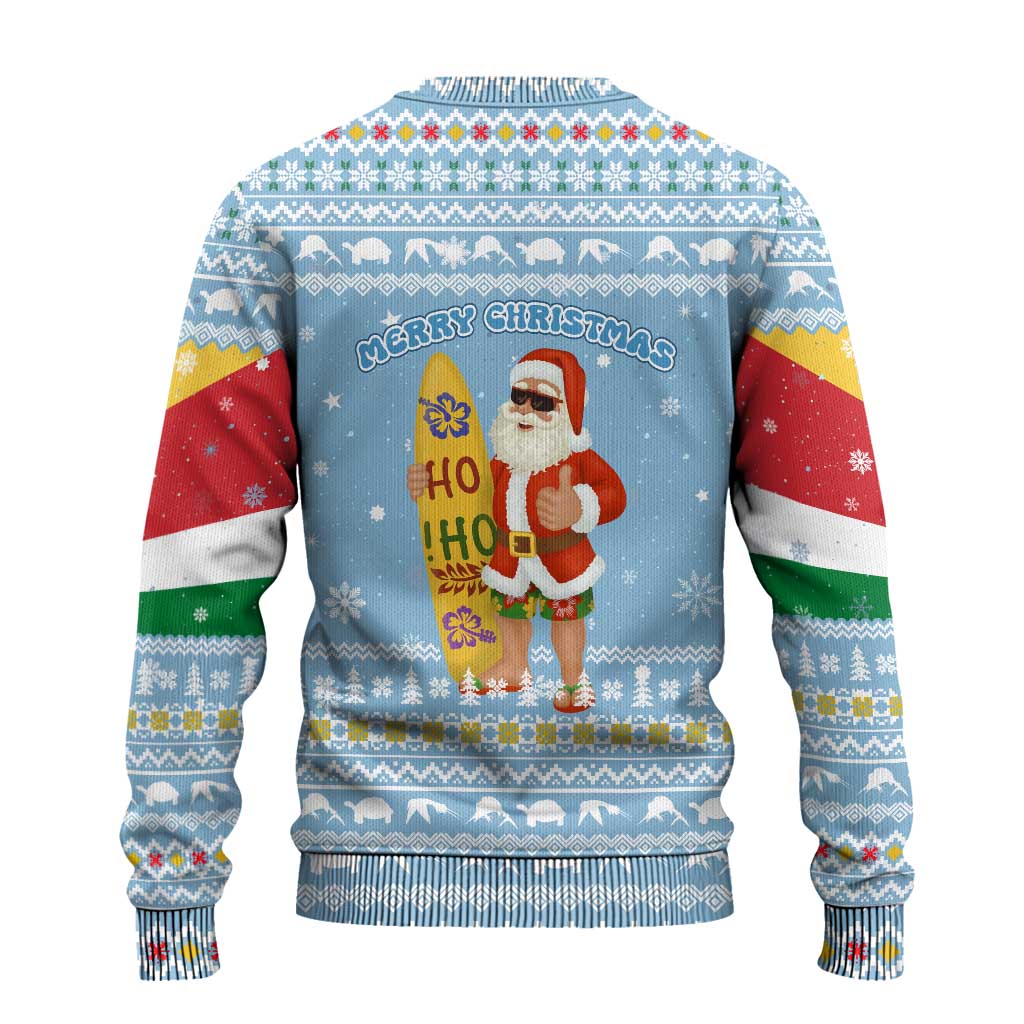 Seychelles Christmas Ugly Christmas Sweater Ocean Blue Marlin Fish Artwork and Surfing Santa Motif - African Pride