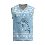 Seychelles Christmas Knitted V-Neck Vest Ocean Blue Marlin Fish Artwork and Surfing Santa Motif - African Pride
