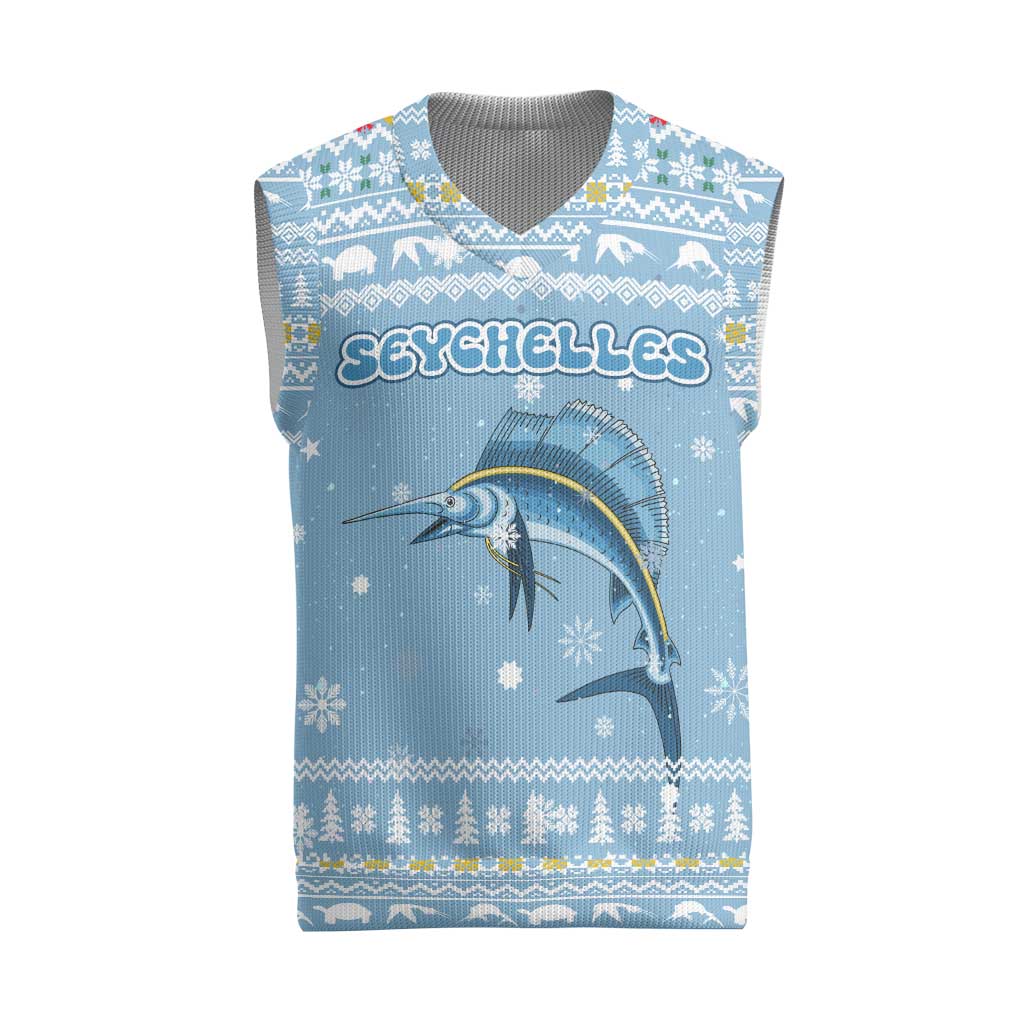 Seychelles Christmas Knitted V-Neck Vest Ocean Blue Marlin Fish Artwork and Surfing Santa Motif - African Pride