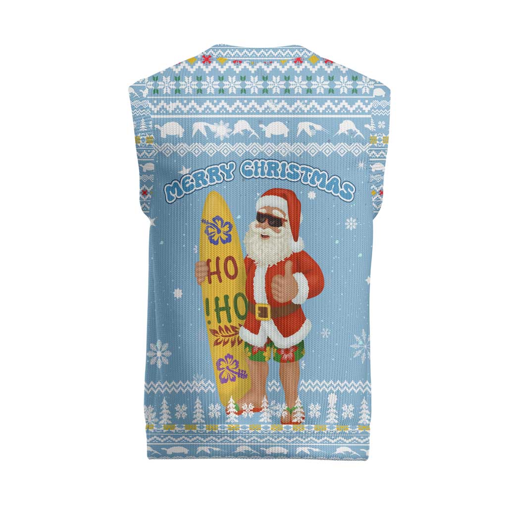 Seychelles Christmas Knitted V-Neck Vest Ocean Blue Marlin Fish Artwork and Surfing Santa Motif - African Pride