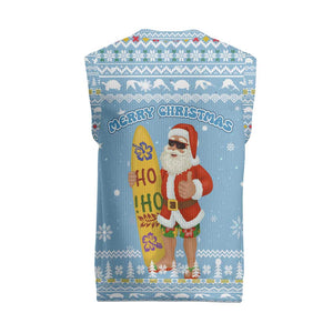 Seychelles Christmas Knitted V-Neck Vest Ocean Blue Marlin Fish Artwork and Surfing Santa Motif - African Pride