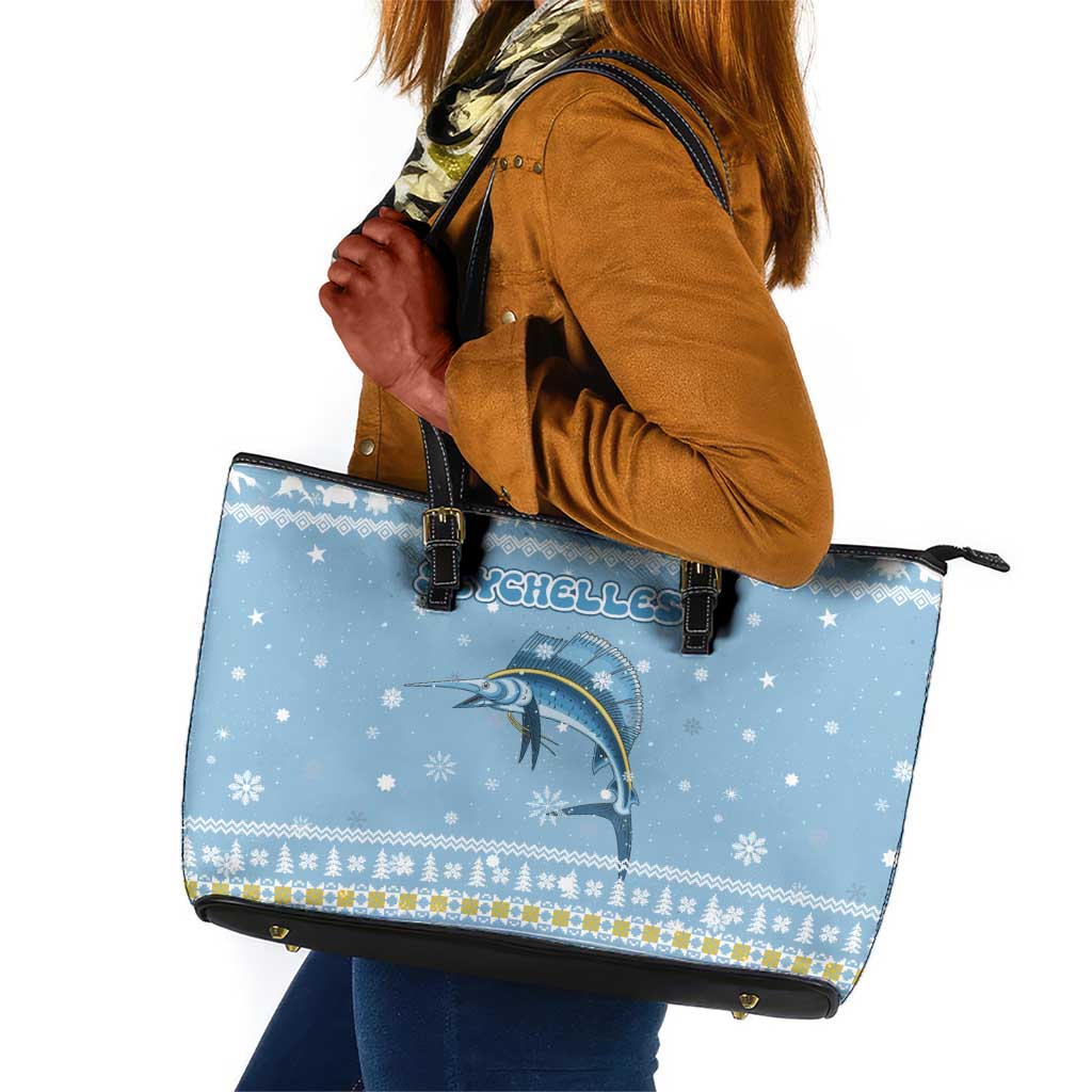 Seychelles Christmas Leather Tote Bag Ocean Blue Marlin Fish Artwork and Surfing Santa Motif - African Pride
