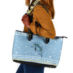 Seychelles Christmas Leather Tote Bag Ocean Blue Marlin Fish Artwork and Surfing Santa Motif - African Pride