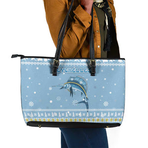 Seychelles Christmas Leather Tote Bag Ocean Blue Marlin Fish Artwork and Surfing Santa Motif - African Pride