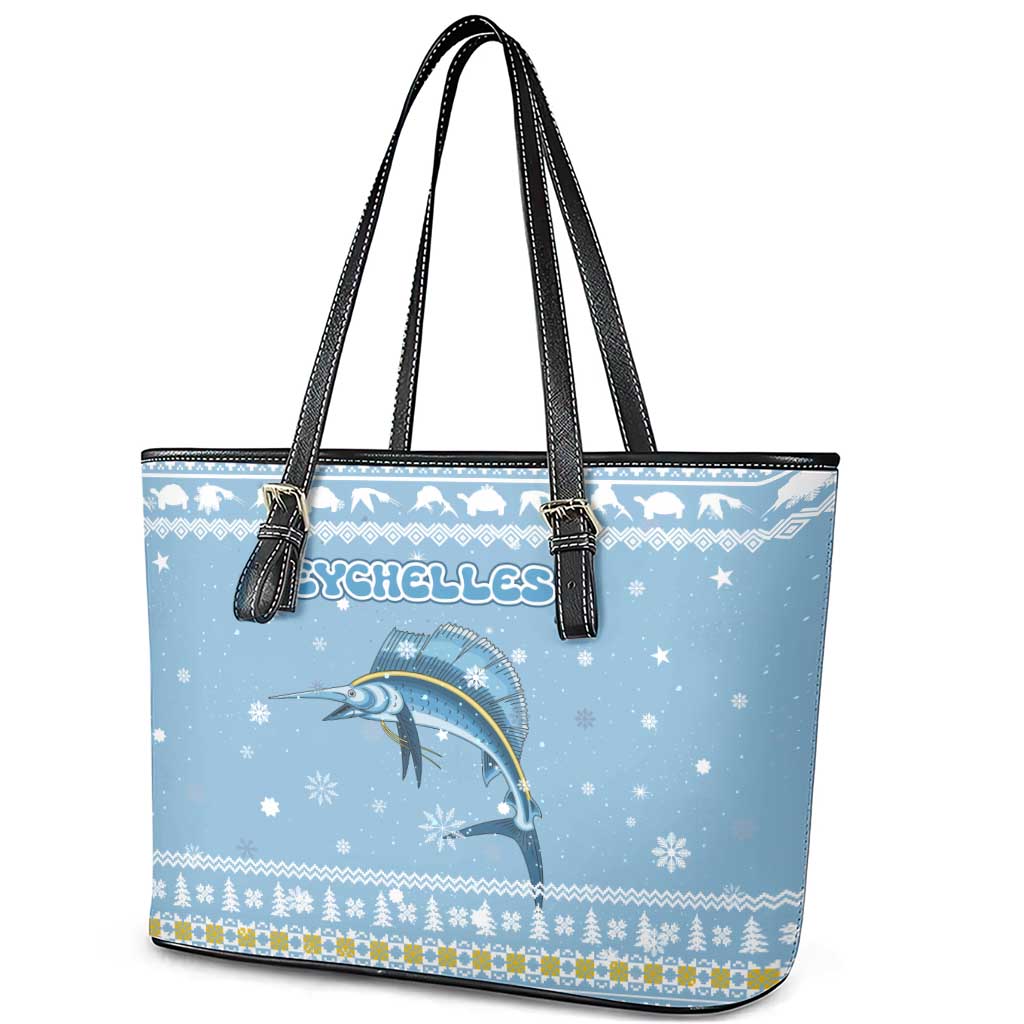 Seychelles Christmas Leather Tote Bag Ocean Blue Marlin Fish Artwork and Surfing Santa Motif - African Pride