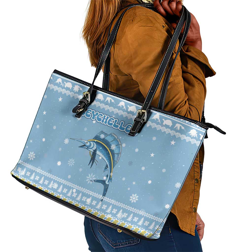 Seychelles Christmas Leather Tote Bag Ocean Blue Marlin Fish Artwork and Surfing Santa Motif - African Pride