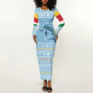 Seychelles Christmas Long Sleeve Bodycon Dress Ocean Blue Marlin Fish Artwork and Surfing Santa Motif - African Pride