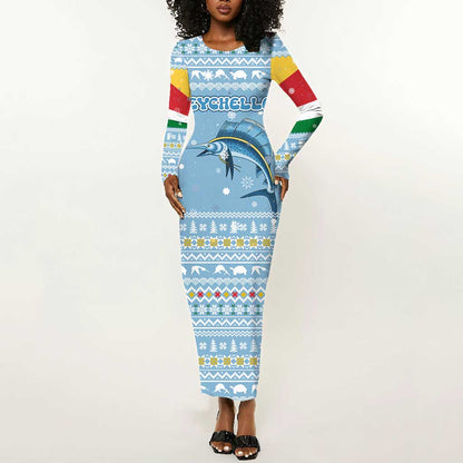 Seychelles Christmas Long Sleeve Bodycon Dress Ocean Blue Marlin Fish Artwork and Surfing Santa Motif - African Pride