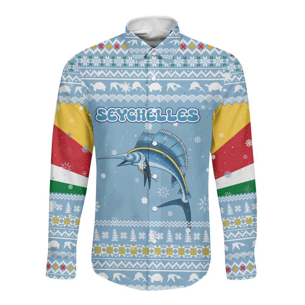 Seychelles Christmas Long Sleeve Button Shirt Ocean Blue Marlin Fish Artwork and Surfing Santa Motif - African Pride