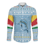 Seychelles Christmas Long Sleeve Button Shirt Ocean Blue Marlin Fish Artwork and Surfing Santa Motif - African Pride