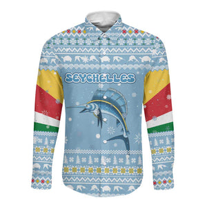 Seychelles Christmas Long Sleeve Button Shirt Ocean Blue Marlin Fish Artwork and Surfing Santa Motif - African Pride