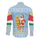 Seychelles Christmas Long Sleeve Button Shirt Ocean Blue Marlin Fish Artwork and Surfing Santa Motif - African Pride