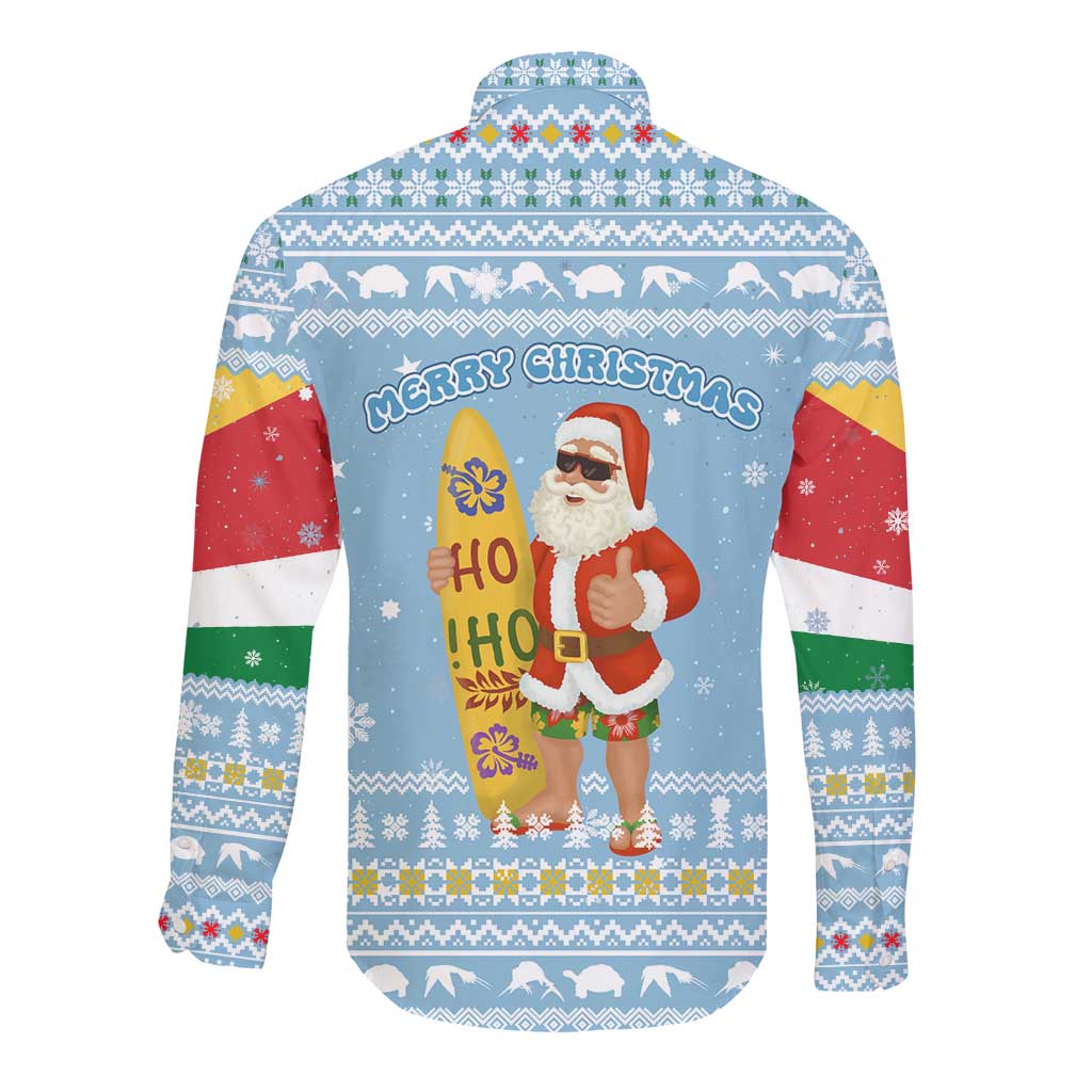 Seychelles Christmas Long Sleeve Button Shirt Ocean Blue Marlin Fish Artwork and Surfing Santa Motif - African Pride
